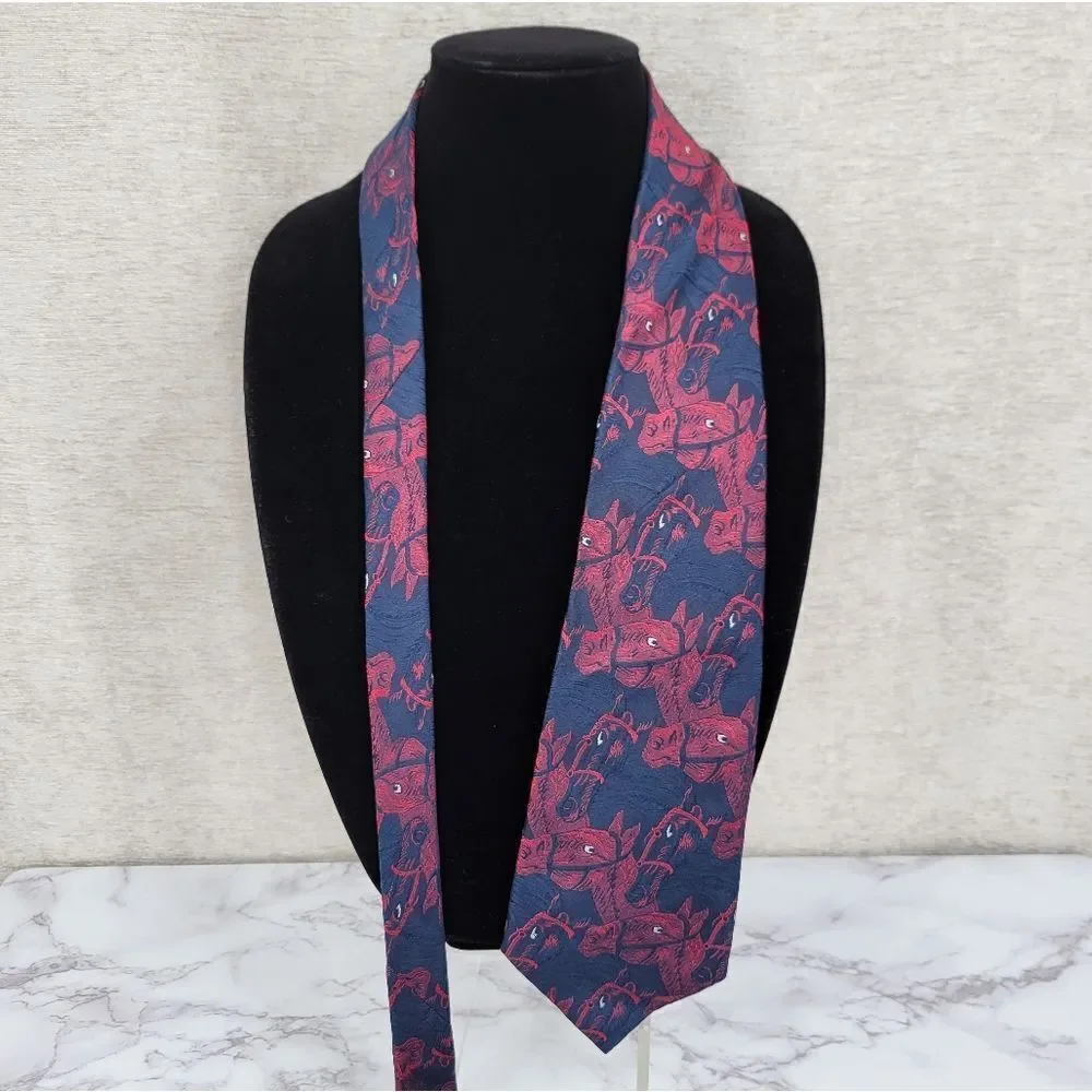 80s Italian Silk Horse Derby Necktie Blue and Red Men's Tie Equestrian Vintage